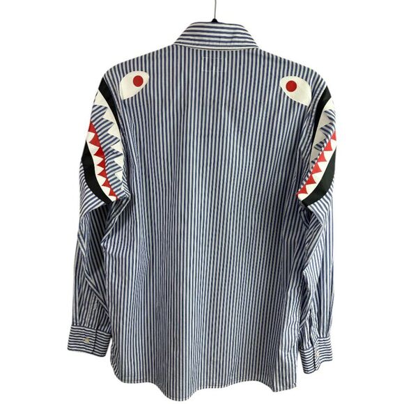 A Bathing Ape Bape Ababint Shoulder Shark Print Stripe Button Down Shirt Sz M - Picture 5 of 16